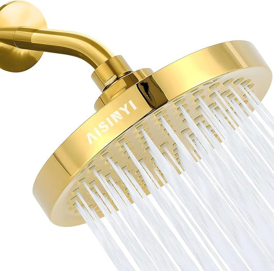 High Pressure Rainfall Shower Head, 6 Inches Showerhead with Perfect Adjustable Replacement, Removable Restrictor, Easy Installation for Your Bathroom Shower Heads (Deluxe Gold + Shower Arm)