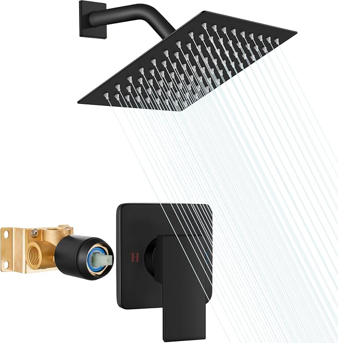 Heyalan 8 Inch Square Rain Shower Faucet Set with Valve, Matte Black