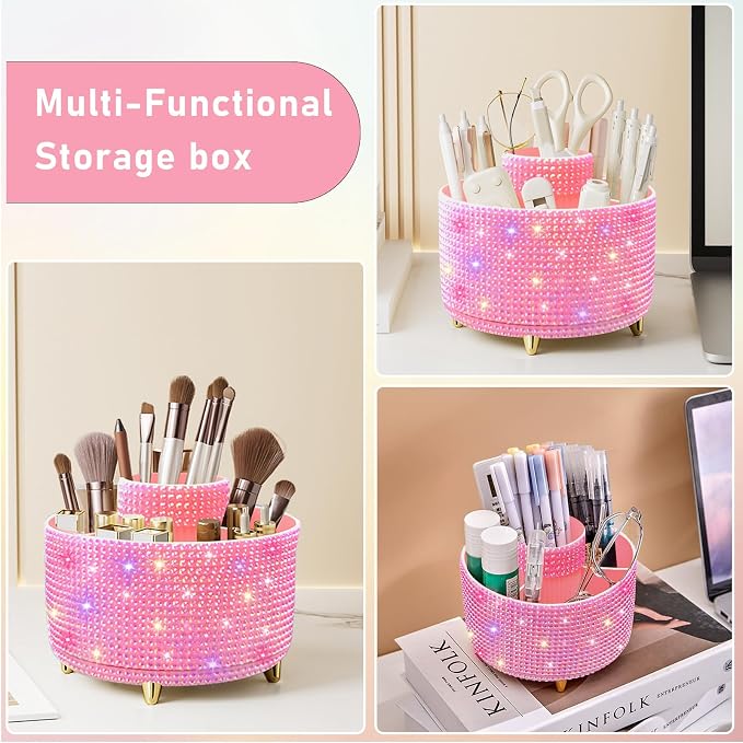 Bling Diamond 360° Makeup Brush Holder Organizer, Rotating Makeup Brush Organizer,5 Slot Make up Brushes Cup for Cosmetics, Vanity Desktop Organizer, Gift for Women Teen Girls- Diamond Pink