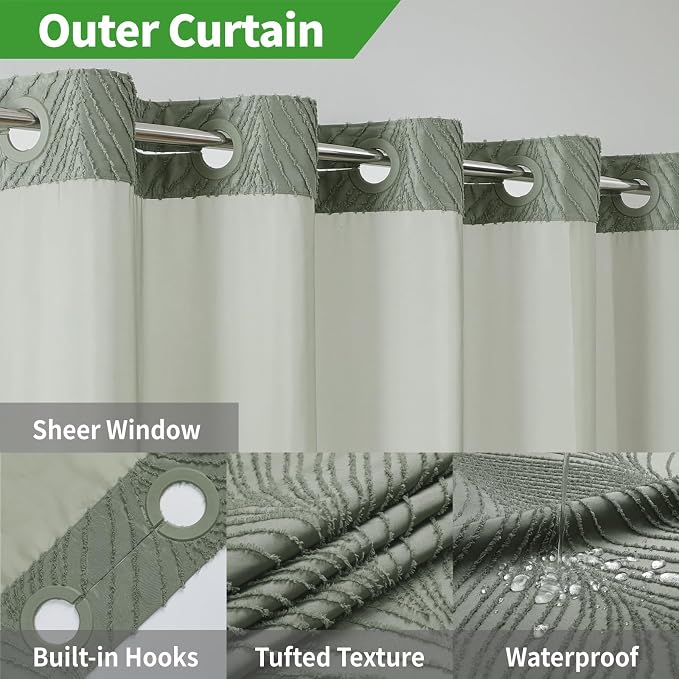 eachope no Hook Shower Curtain and Liner Set，Boho Style with See Through Top Window, SageGreen Fabric Tufted Striped Textured Outer Curtain & Waterproof Inner Liner, SageGreen, 71Wx86H