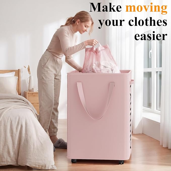 Optish 140L Laundry Hamper with Wheels, Rolling Laundry Basket with Removable Mesh Bag, Extra Large Clothes Hamper on Wheel for Bedroom, Bathroom, Dorm Room Essentials, Pink