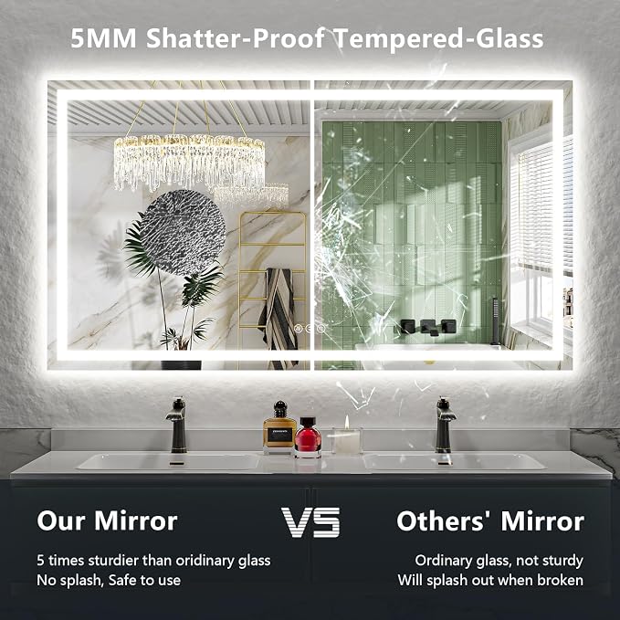 60x38 Inch LED Bathroom Mirror with Lights Front and Backlit Lighted Vanity Mirror for Bathroom Wall with 3 Colors Dimmable Anti-Fog Memory Shatter-Proof IP54 Waterproof Horizontal/Vertical