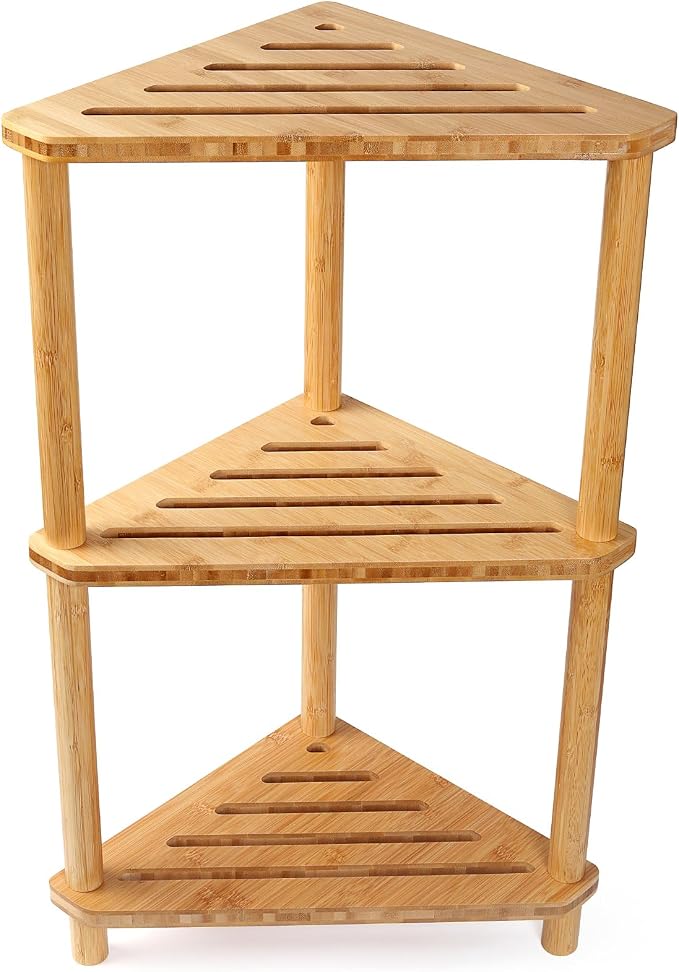 Corner Shelf Shower Caddy Stand 3-Tier,Standing Bathroom Organizer | Bamboo,Large Capacity Shower Storage,Space-Saving,Anti-Slip Feet,Waterproof,Easy to Assemble,Durable,Bath,Living Room,Kitchen