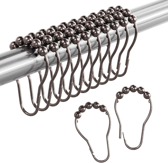 Bronze Shower Curtain Hooks, 12PCS Rust-Resistant Metal Shower Hooks Ring Shower Rings for Curtain, Rolling Shower Curtain Rings for Bathroom Shower Rod Shower Curtain Hangers