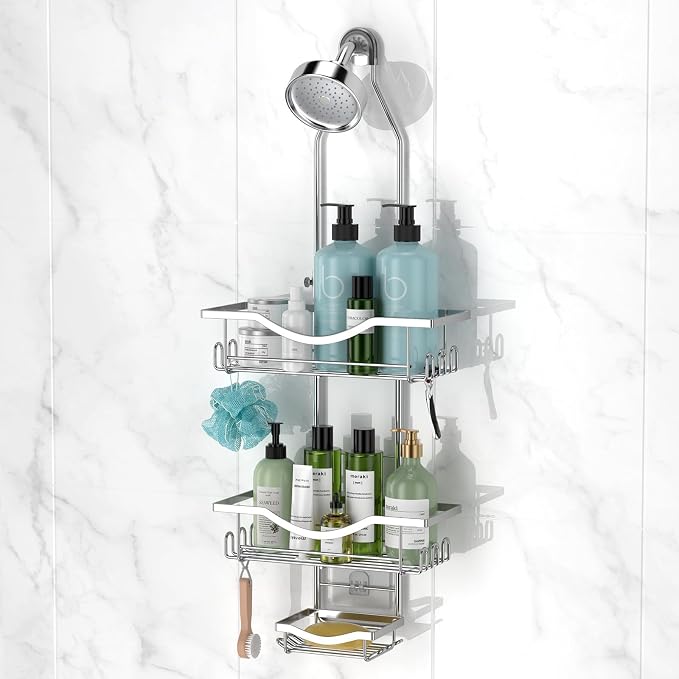 REINHARDT Adjustable Shower Caddy Hanging Over Shower Head, Silver | Rustproof Shower Organizer, Extra Long, No Drilling, Anti-Slip, Fast Draining, Soap Holder, 12 Hooks, Bathroom Accessories