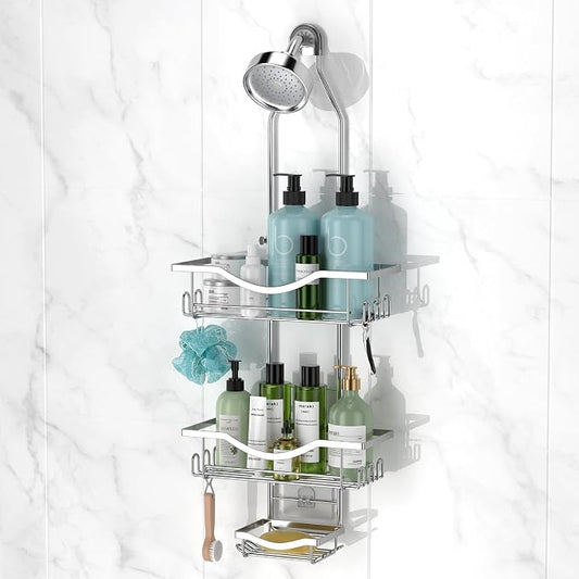 REINHARDT Adjustable Shower Caddy Hanging Over Shower Head, Silver | Rustproof Shower Organizer, Extra Long, No Drilling, Anti-Slip, Fast Draining, Soap Holder, 12 Hooks, Bathroom Accessories