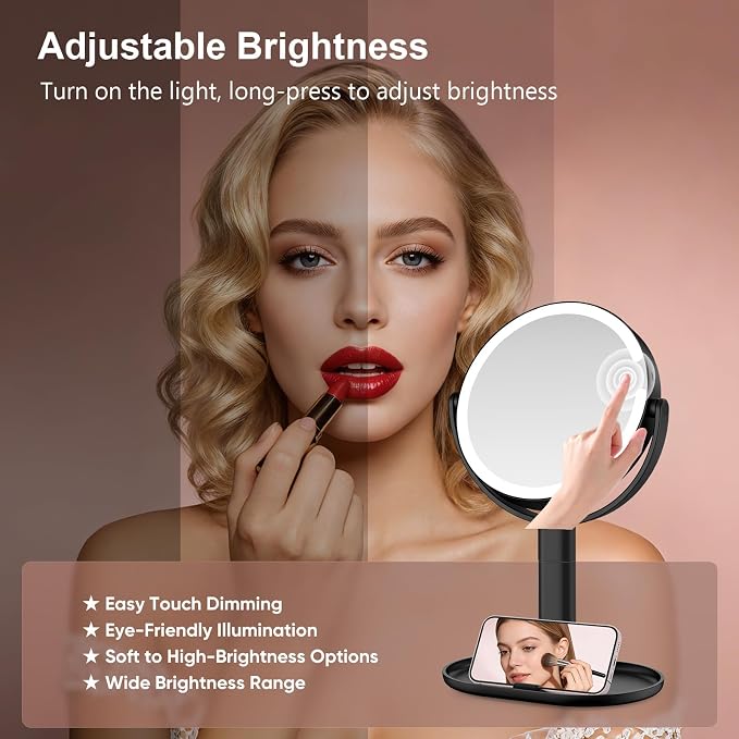 Rechargeable Lighted Makeup Mirror,10X Magnification, 8 Inch | 3 Adjustable Light Colors, Rechargeable Cordless Design, Adjustable Height, Storage Base with Phone Holder,Touch Control