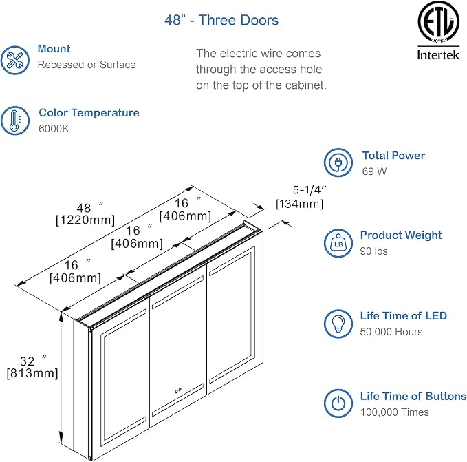 Blossom LED Lighted Bathroom Medicine Cabinet Mirror, Defogger, 48x32 | Bathroom Storage Cabinet, Medicine Cabinets Organizer, Vanity Mirror with Storage, Recessed/Surface Mount, Adjustable Shelves
