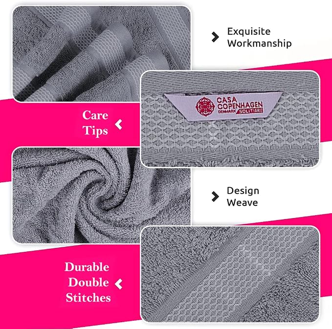 CASA COPENHAGEN Solitaire Luxury Hotel & Spa Quality, 600 GSM Egyptian Cotton, 6 Piece Turkish Towel Set, includes 2 Bath Towels, 2 Hand Towels, 2 Washcloths, Grey Violet