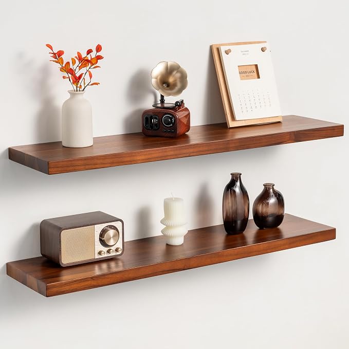 32Inch Teak Floating Wall Shelves Set of 2 | Weather Resistant, Heavy Duty Hidden Brackets, Natural Wood Grain, Wall Storage For Bathroom, Kitchen, Living Room & Outdoor