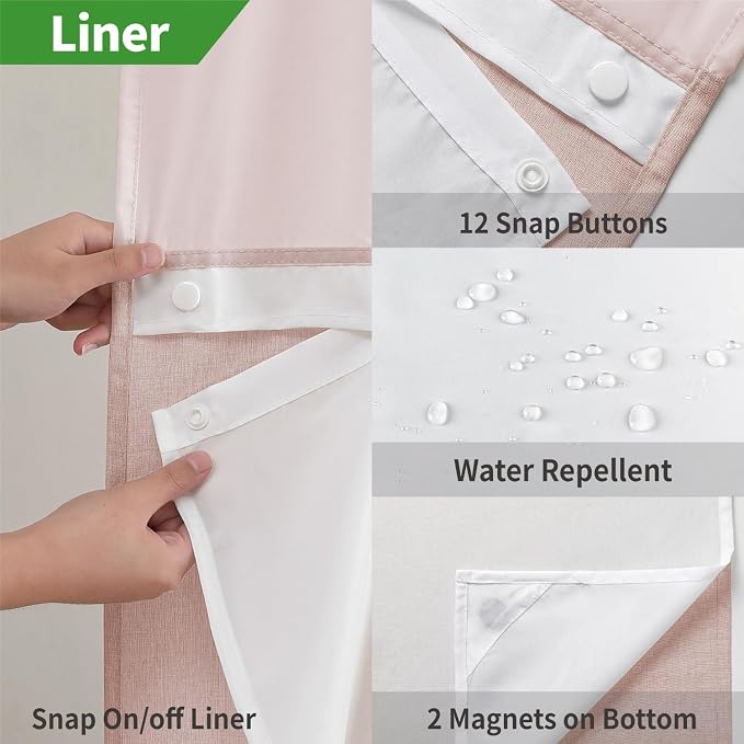 eachope No Hooks Needed Linen Textured Shower Curtain with Snap-in Fabric Liner Set,Blush Hotel Luxury Decor Shower Curtains for Bathroom with Mesh Top Window,Waterproof & Washable,71Wx74H | 230GSM Thick Fabric,Hotel Luxury Decor,Mesh Top Window,Magnet...