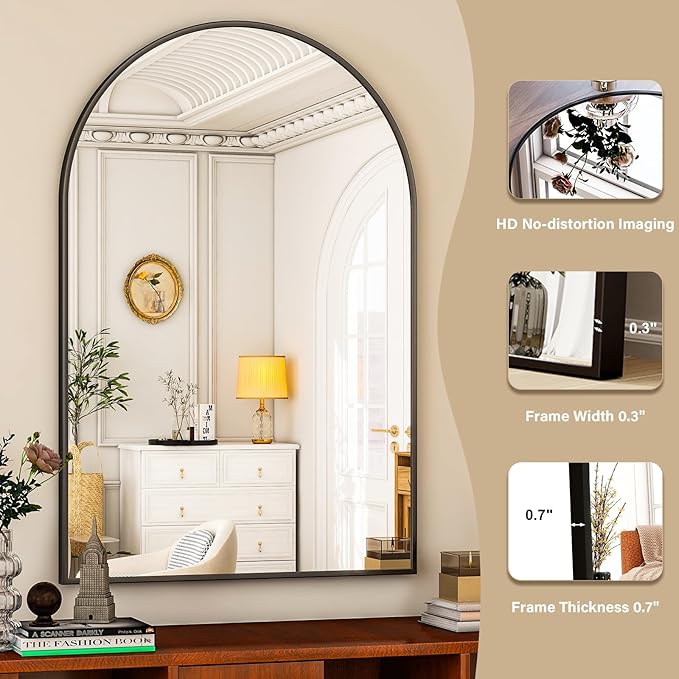 HARRITPURE 16"x24" Arched Bathroom Mirror - Black Wall Mounted Mirror - Black Arch Mirror - Aluminum Alloy Frame Bathroom Mirror Living Room, Bedroom, Bathroom and Entryway | Vanity Aluminum Alloy Frame Arch Wall Mirror for Living Room, Bedroom, Entryway