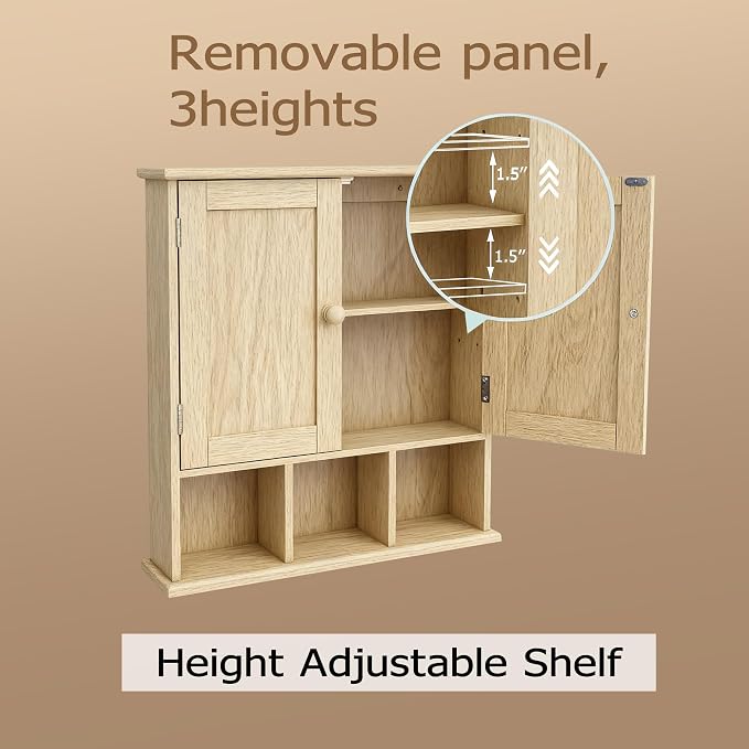 TaoHFE Natural Wooden Color Bathroom Wall Cabinet with 2 Door | Adjustable Shelves Over The Toilet Storage Wall Mounted Medicine Cabinets for Bathroom Laundry Room Kitchen