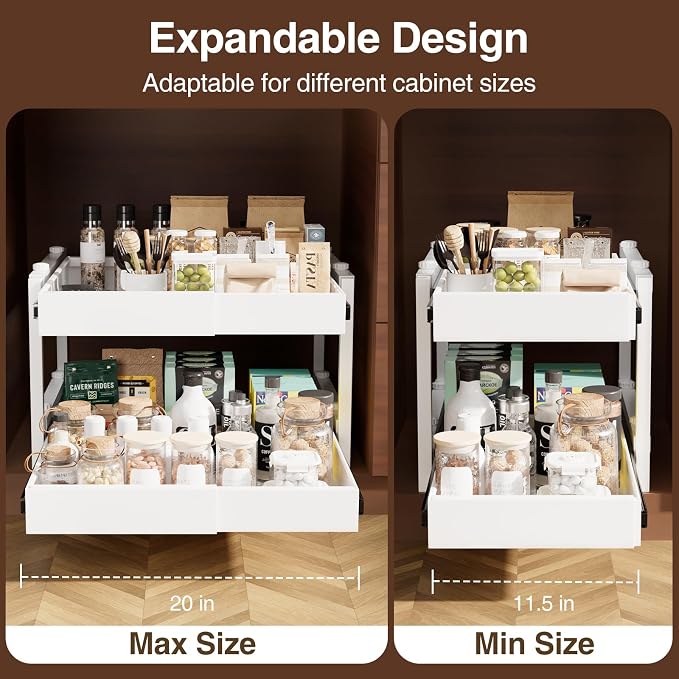 2-Tier Expandable Pull Out Cabinet Organizer, Heavy Duty Adjustable Width Metal Slide Out Shelf, No Screw Cabinet Storage Rack for Kitchen Bathroom 17in Depth Cabinet（White）