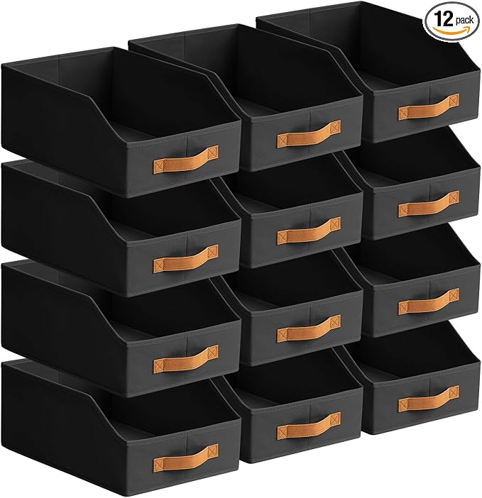 Fabric Storage Bins for Organizing - 12 Pack Large Trapezoid Collapsible Storage Bins with Front Handle, Closet Organizers and Storage for Bedroom, Home Shelves, Small Spaces, Black