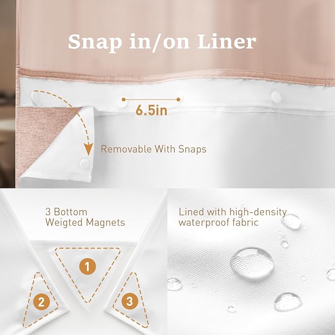 72x87 Ringless Linen Textured Shower Curtain with Snap in Liner, Blush | Extra Long Size, 3 in 1 Durable Fabric Shower Curtain, Removable Liner, Waterproof & Washable, Mesh Top Window, Easy Setup