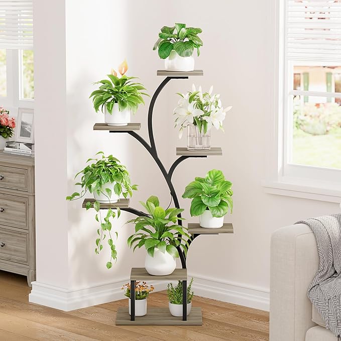 BACEKOLL Plant Stand Indoor with Grow Light, 7 Tier 49" Lighted Plant Shelf | Tree-Shaped Tall Holder with Full Spectrum Light for Indoor Growing, Sturdy Metal Rack for Home Corner, Space-Saving, Grey