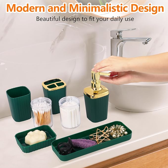 9 PCS DarkGreen Bathroom Accessories Set with Trash Can Bathroom Accessory | All-in-One Kit with Trash Can,Toothbrush Holder,Soap Dispenser,Toothbrush Cup,Vanity Tray,Soap Dish,Toilet Brush etc for Home