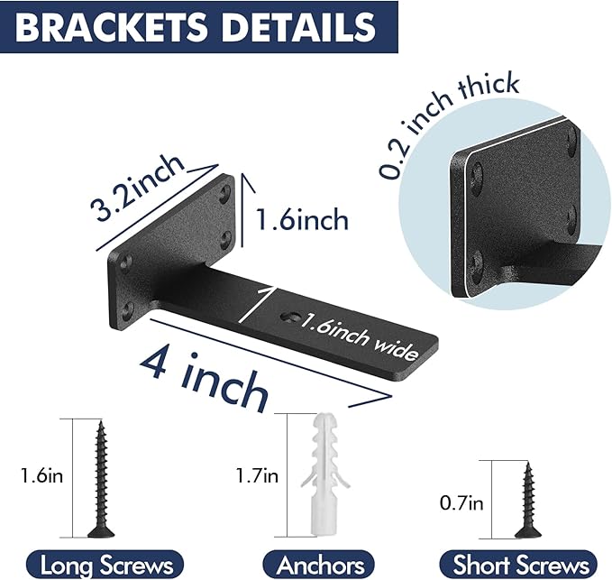 6 Pack Floating Shelf Brackets, 4 Inch Heavy Duty Industrial Shelf Bracket, Black Metal L Brackets for Shelves Support DIY(1/5 Inch Thicked)