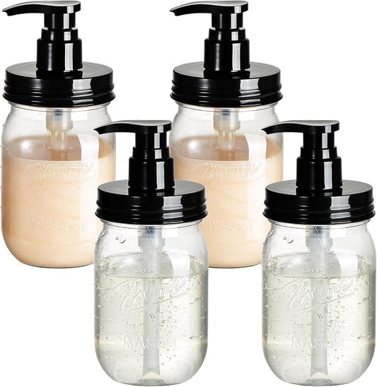Amolliar Plastic Mason Jar Soap Dispenser with Pump Lid 16OZ, 4 Pack | Refillable BPA-Free Hand Soap Dispenser Set with Cute Lables, Farmhouse Decor for Kitchen Bathroom Liquid Dish Soap Lotion