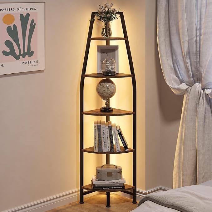 Corner Shelf with Lights, Corner Bookshelf with Metal Frame, 5-Tier Tall Ladder Shelf, Storage Rack for Home Office, Bedroom, Living Room, Rustic Brown and Black TCJ71DBF