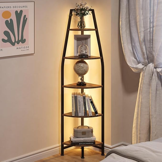 Corner Shelf with Lights, Corner Bookshelf with Metal Frame, 5-Tier Tall Ladder Shelf, Storage Rack for Home Office, Bedroom, Living Room, Rustic Brown and Black TCJ71DBF