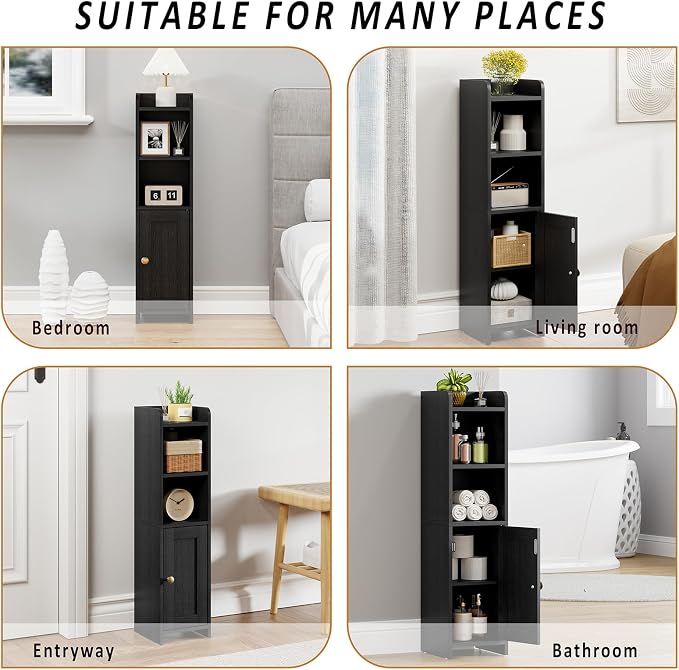 Lomojo Small Bathroom Storage Cabinet Corner, 7.87"Dx7.87"W x31.5"H (Black) | Freestanding Narrow Toilet Paper Holder, Organizers for Bathroom Small Spaces Floor Cabinet with Adjustable Shelves and Door