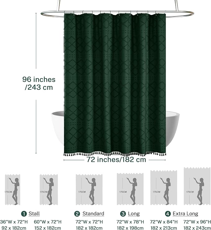 Siiluminisoy Extra Long Dark Green Boho Woven Fabric Cute 96 Inch Shower Curtain, 72 x 96 Tufted Chevron Textured Striped Modern Farmhouse Minimalist Cloth Shower Curtain for Bathroom