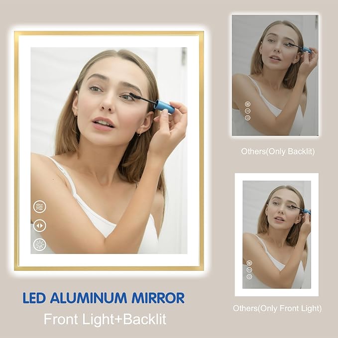 36x36 Inch LED Mirror for Bathroom with Gold Frame | Gold Metal Frame, Front and Backlit, 3 Colors, Dimmable, Memory, Anti Fog, Tempered Glass, Lighted Mirror for Wall