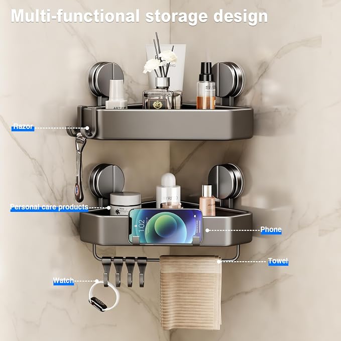 Mustorn Suction Cup Shower Caddy Corner, 1 Pack Suction Corner Shower Shelves No Drilling, Rustproof Shower Organizer Suction Cup with Towel Holder & Hooks Removable Bathroom Storage Rack(Gray)
