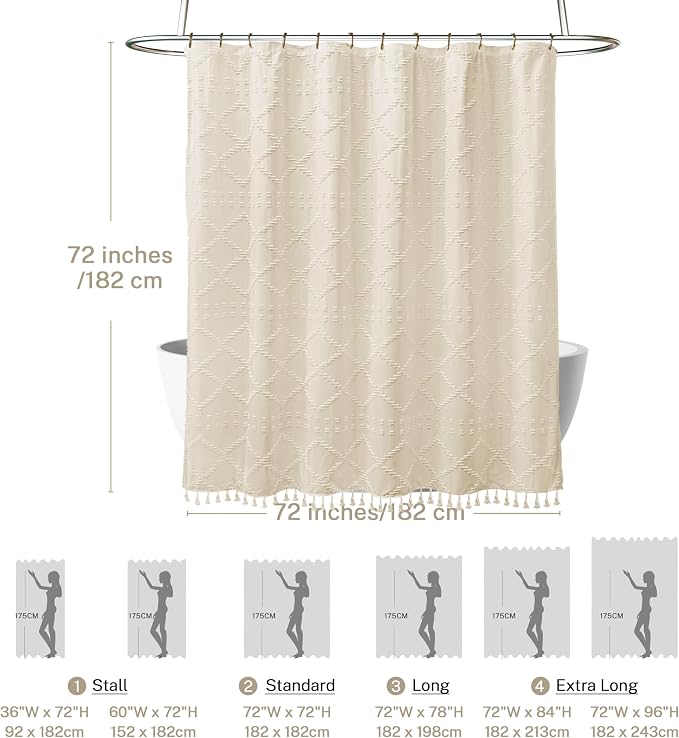 Siiluminisoy Boho Farmhouse Shower Curtain Woven Fabric Cream/Beige Shower Curtain, 72 x 72 Tufted Chevron Textured Striped Modern Minimalist Cloth Shower Curtains for Bathroom