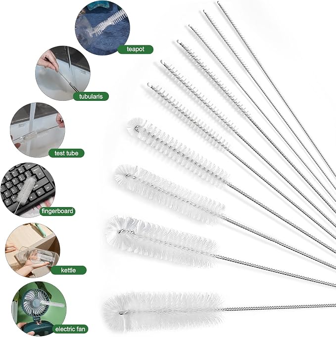 CiaraQ Bottle Cleaning Brushes, 9.8 Inch Nylon Tube Brush Set | White Cleaner for Narrow Neck Bottles Cups with Hook, Set of 10pcs