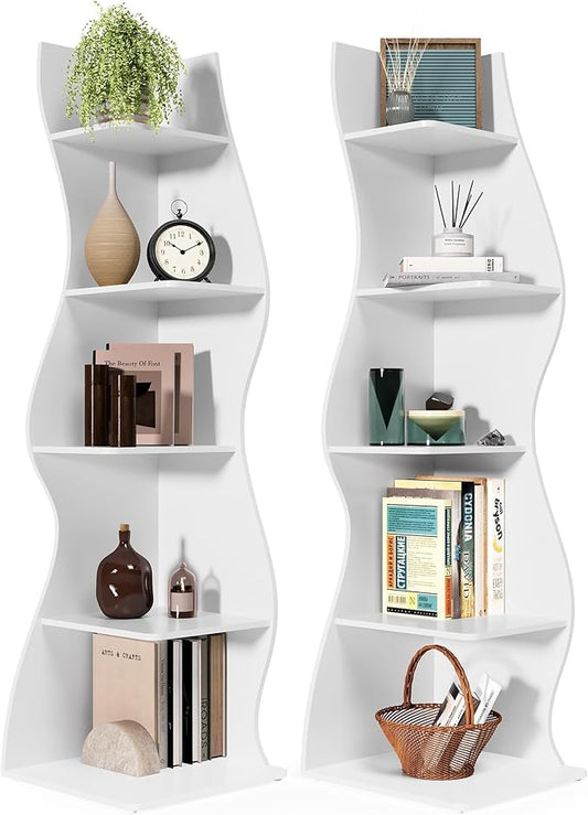 LITTLE TREE 70-Inch Corner Shelf, Seaweed Shaped Etagere Display Bookshelf, Freestanding 5-Tier Wall Shelves for Small Spaces, Bedroom, Living Room, 2 Pack, White