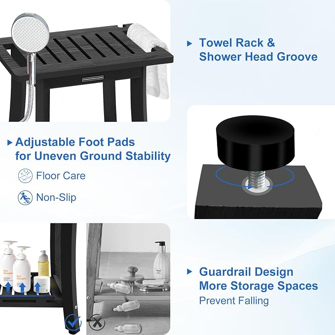 KingPavonini HDPS Shower Bench for Inside Shower to Sit on, 18.6'', Black | Waterproof Shower Stool for Shaving Legs, 400 lb, Bathroom Chair Seat with Storage Shelf, for Tub/Outdoor Use, Quick Assembly