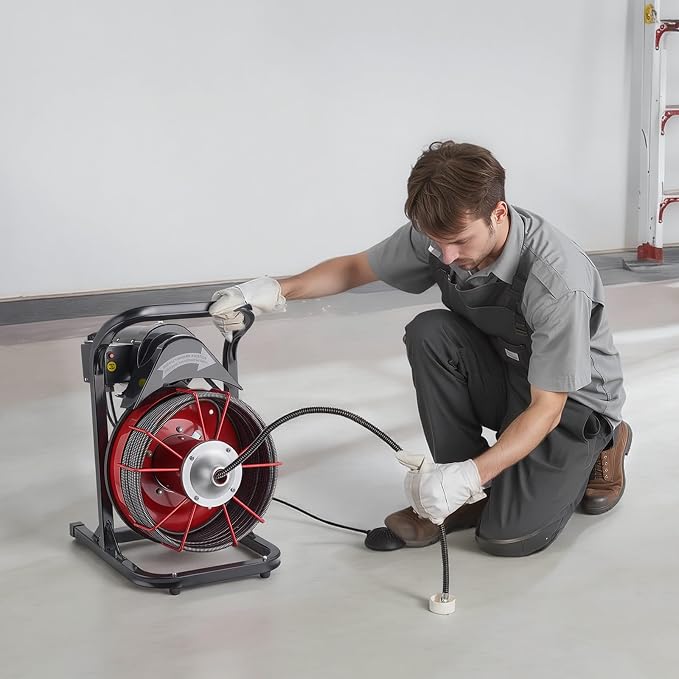 VEVOR Drain Cleaner Machine 75 FT x 1/2 Inch Sewer Snake Auger Manual Feed | Efficient Clog Clearing for 2" to 6" Pipes, Solid Core Steel Cable, with 4 Cutters & Air-activated Foot Switch