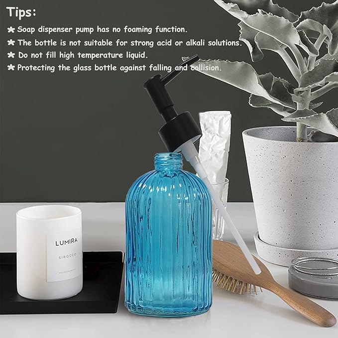 YYTSGG Blue Glass Soap Dispenser Set with Black Pump, 13.5oz, 2 Pack | Refillable Liquid Hand Soap Dispenser, Lotion Dish Soap Dispenser for Modern Home Decor, Kitchen Countertop, Bathroom, Hotel