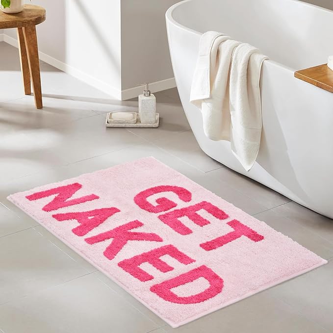 Zeeinx Get Naked Bath Mat Pink Cute Funny Bathroom Rugs 20”x32” | Non Slip Absorbent Microfiber Machine Washable Pink Bathroom Rugs for Tub and Shower Funny Apartment Decor