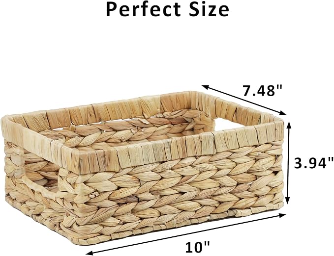 Wicker Baskets, Water Hyacinth Baskets for Organizing, Rattan Woven Baskets | Organizer Bins with Built-in Handles, Rectangular Storage Baskets for Shelves, Closet and Bathroom Organizer