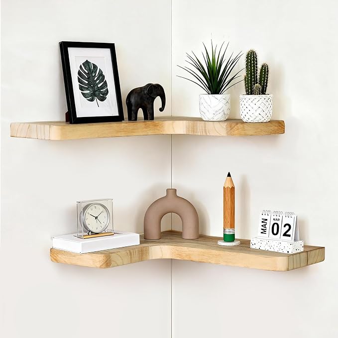 Floating Corner Shelves, Wall Shelf Set of 2, Shelves for Wall Storage, Solid Wood Shelves for Storage, Wall Mount Wooden Display Shelf for Bathroom Bedroom Kitchen Garage (Light 2pcs)