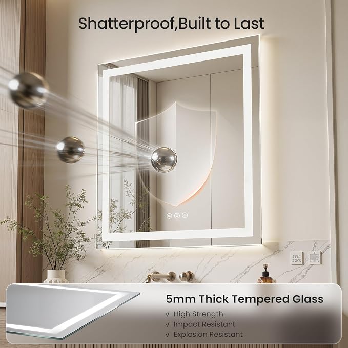 24x30 LED Bathroom Mirror with Lights, Dual Lit, Anti-Fog, Memory | Dimmable 3 Color CRI 90+ for True-to-life Color Accuracy Tempered Glass Horizontal/Vertical Wall Mount for Bathroom Vanity