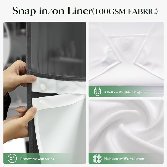 Charcoal Grey Hook Free Waffle Shower Curtain & Snap Liner,54x81 | Less Time to install, 3 in 1 Fabric Shower Curtain and Liner Set with Magnets, Stall, Long, Shower Curtains for Bathroom