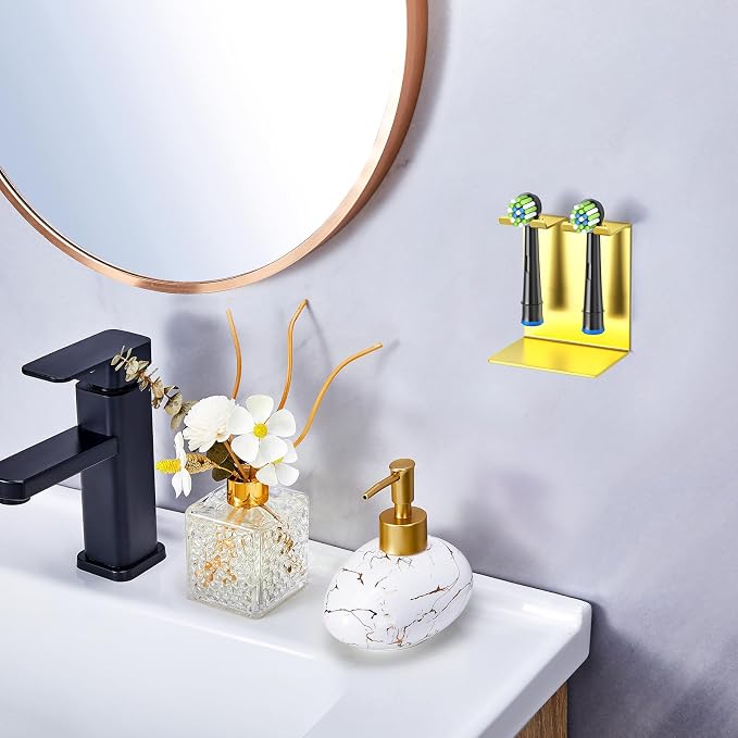 Electric Toothbrush Head Holder, Tooth Brushing Holder, Wall Mounted Toothbrush Holders Shower Bathroom, Self Adhesive or Desktop Tooth Brush Holder Organiser (Gold, Small)