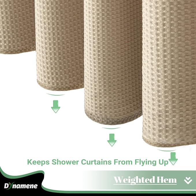 Fabric Shower Curtain with Snap in Liner, Beige Waffle Hotel Shower Curtains for Bathroom, Washable Waterproof Cloth Shower Curtain Liner Set with Plastic Hook, Mesh Top Window, 72x72, Beige