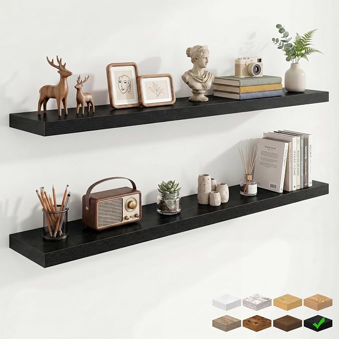 9.25in Depth 55in Floating Shelves, 55"W x 9.25"D x 1.5"H, Black, 2Pcs | Long Wall Mounted Engineered Wood Shelves for Wall with Invisible Brackets for Living Room, Bedroom, Bathroom, Kitchen