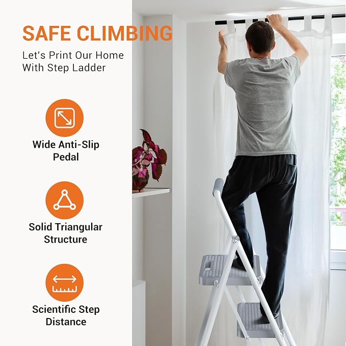 Sweetcrispy 2 Step Ladder, 800lbs Folding Step Stool with Anti-Slip Pedal | Lightweight, Portable Stepping Stool with Sturdy Ladder, Convenient Handrail, for Kitchen, Garage & Outdoor Use, Grey