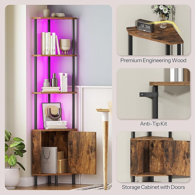 HOOBRO Corner Cabinet with LED Light, Corner Shelf Stand with Storage and Doors, 5-Tier Industrial Corner Bookshelf, 59” Tall Display Rack Shelf, for Living Room, Kitchen, Rustic Brown BF147DCJ01