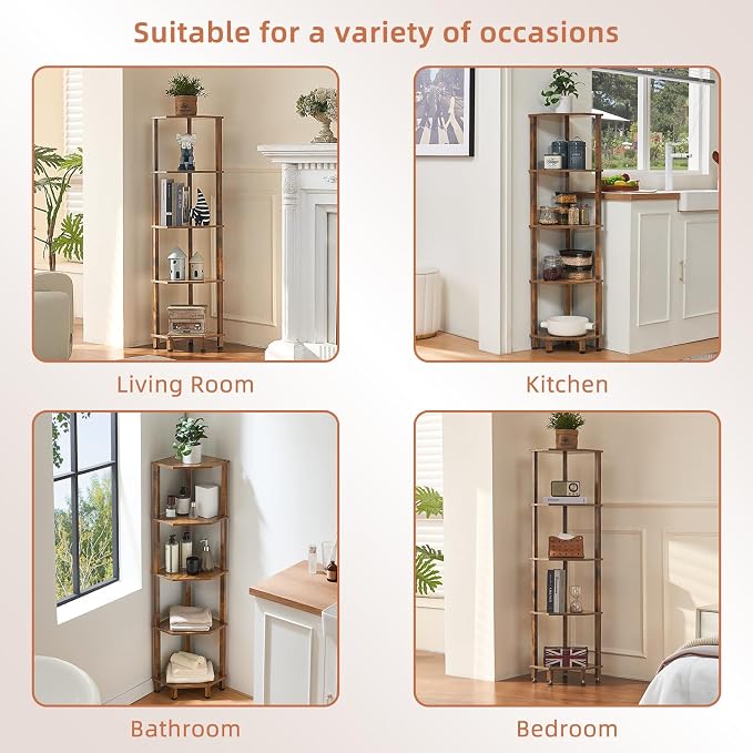 YUFAM 5-Tier Corner Shelf, Brown | Wooden Corner Bookshelf for Small Spaces, Corner Standing Shelf with Sturdy 5-Leg Base