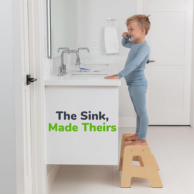 2-Step Wooden Toddler Step Stool for Bathroom Sink & Kitchen Use -Varnished | Non-slip steps and padded feet for extra stability. Lightweight to carry, safely supports ages 2+ and adults up to 250 lbs.