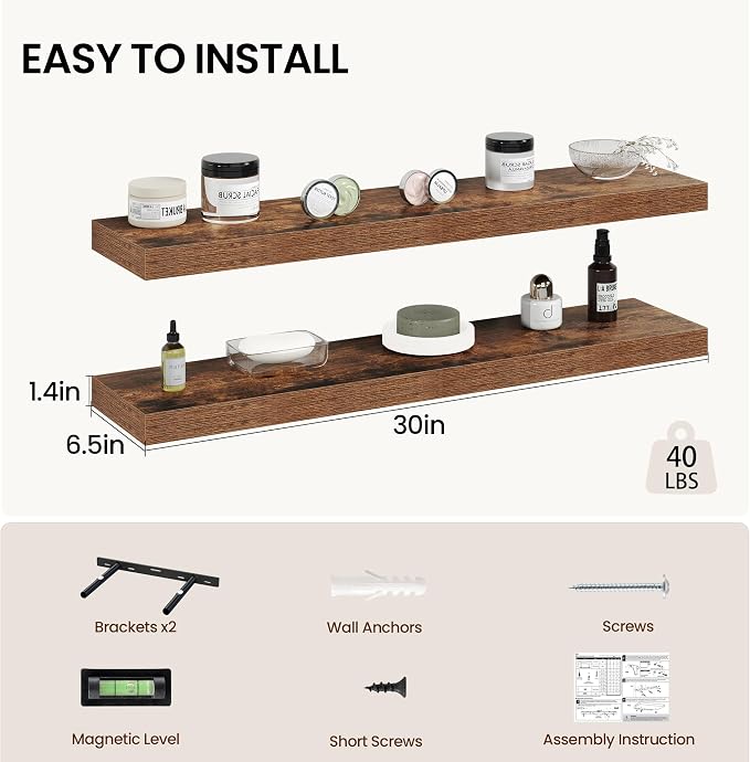 Vivelove 30 Inch Floating Shelves Wall Mounted for Display, 6.5 Deep Duty Shelves with Invisible Brackets for Living Room,Bedroom,Kitchen, Bathroom Storage & Decor,30" Wx6.5 Dx1.4 H - Rustic Brown