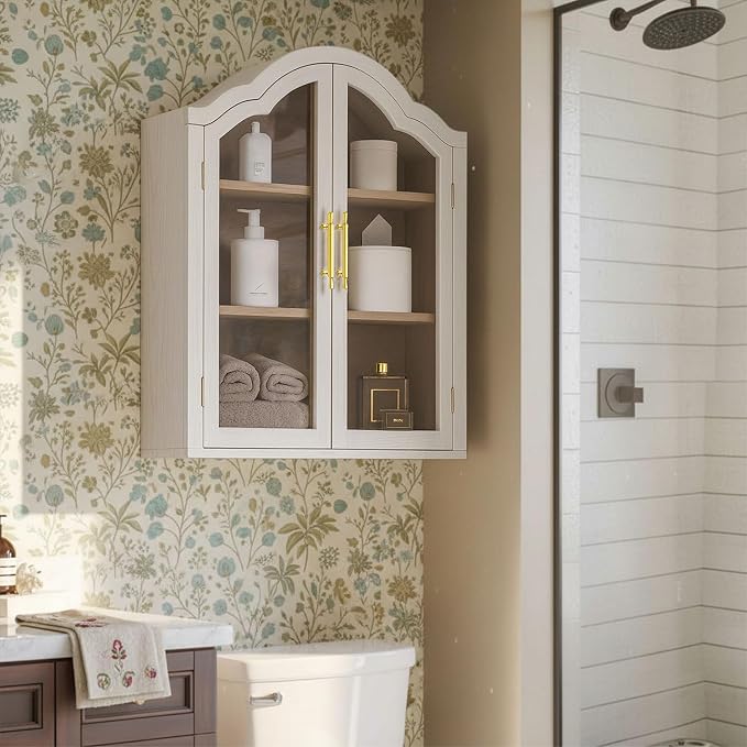 Arched Bathroom Wall Cabinet with Glass Doors, 31.5×23.6" Wall Mounted Display Cabinet with Adjustable Shelves, Hanging Storage Cabinet for Kitchen, Living Room